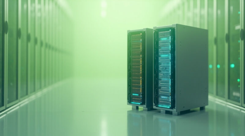 Pasillo de centro de datos iluminado en verde con racks symmetricos