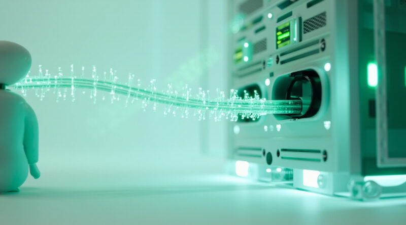 Figura humana conectada a servidor rack mediante haz de datos luminoso