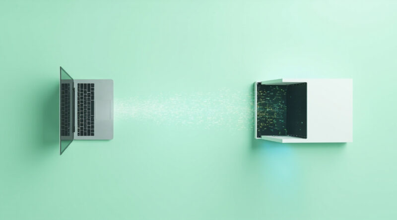 Portatil y cubo de servidor conectados por haz de particulas luminosas