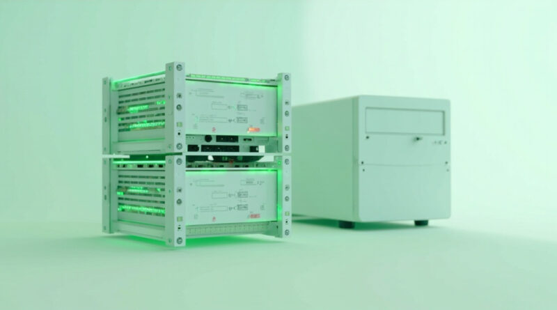 Rack abierto con dos servidores y torre de escritorio iluminado en verde