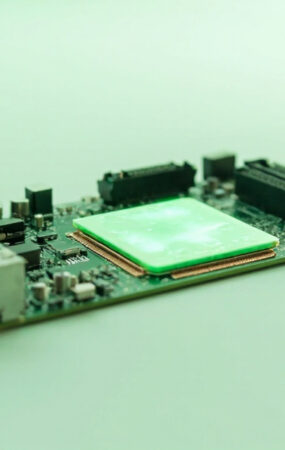 Placa de circuito impreso con processor y conectores USB en fondo verde