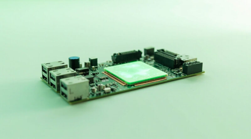 Placa de circuito impreso con processor y conectores USB en fondo verde