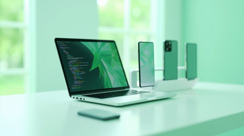 Escritorio de desarrollo con portatil y varios telefonos Android para pruebas