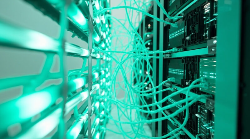 Rack de servidores con cableado de red en centro de datos iluminado en verde