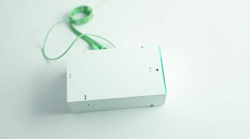 Chasis de servidor claro sobre una superficie blanca con un cable de red verde menta y un detalle luminoso en el borde, en una ilustracion editorial 3D sin texto ni logos