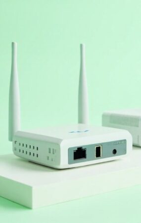 Render 3D editorial de un router, un NAS y una camara de seguridad vistos desde atras con sus puertos de red, sobre fondo verde menta claro
