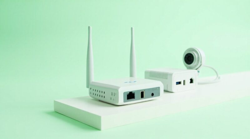 Render 3D editorial de un router, un NAS y una camara de seguridad vistos desde atras con sus puertos de red, sobre fondo verde menta claro