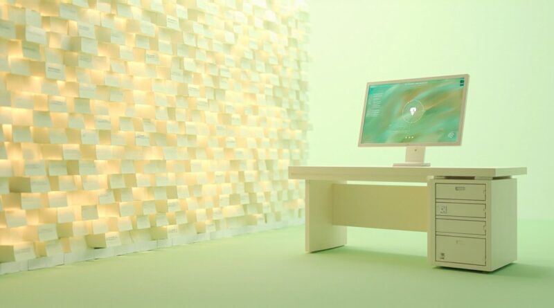 Render 3D editorial de un puesto de trabajo de operaciones de seguridad: un muro de tarjetas de alerta amber que representan la avalancha de reportes de vulnerabilidad entrantes, un monitor slim con un panel de control abstracto y un mueble tipo rack sin marcas sobre una mesa color crema con fondo verde menta claro, luz de estudio brillante, sin texto ni logotipos