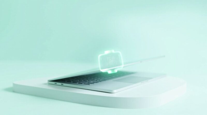 Portatil delgado color plata abierto sobre una base blanca, con un panel translucido color menta flotando sobre el teclado, fondo verde menta suave, render 3D editorial sin texto ni logotipos
