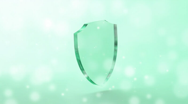 Escudo de cristal verde claro representando proteccion frente a vulnerabilidades