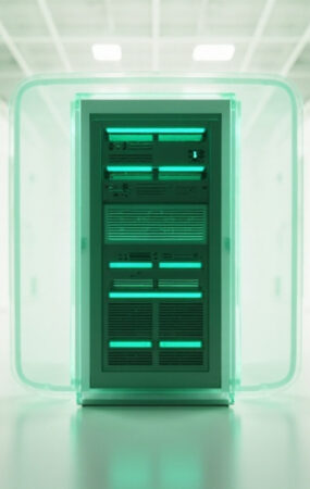 Pasillo de centro de datos con racks iluminados en verde turquesa
