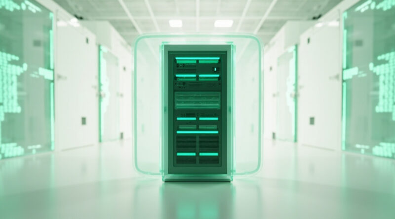 Pasillo de centro de datos con racks iluminados en verde turquesa