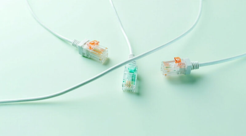 Conectores RJ45 Ethernet con filamentos dorados sobre fondo verde