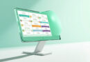 Monitor con panel de control de tarjetas metricas en tonos pastel