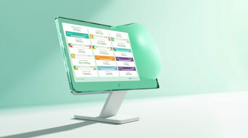 Monitor con panel de control de tarjetas metricas en tonos pastel