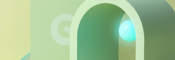 Render 3D abstracto de tunel VPN con esfera cyan pasando por arco sage green sobre fondo beige creamy