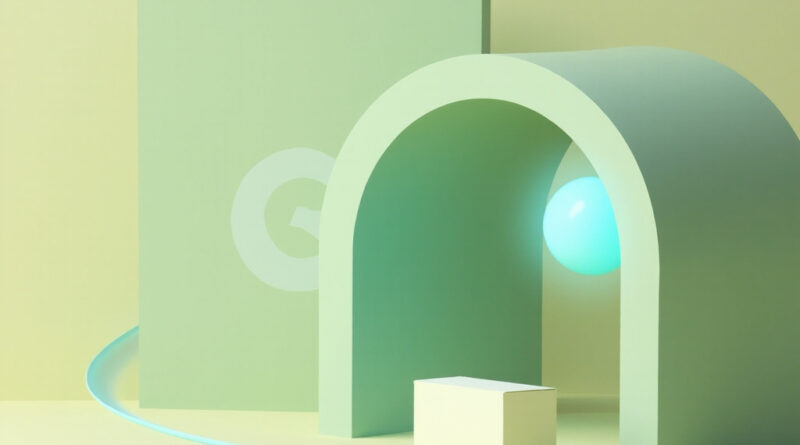 Render 3D abstracto de tunel VPN con esfera cyan pasando por arco sage green sobre fondo beige creamy