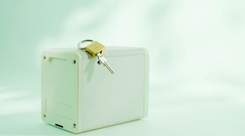 Caja blanca de un servidor con un candado dorado sobre la tapa, sobre fondo claro en tonos verde menta y blanco