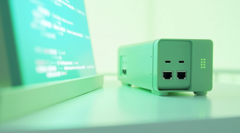 Dispositivo de seguridad de red en un escritorio con un monitor mostrando codigo, protege servidores PHP