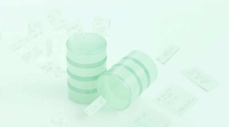 Cilindros de base de datos translúcidos en tonos menta con tarjetas de resultados SQL flotando al lado