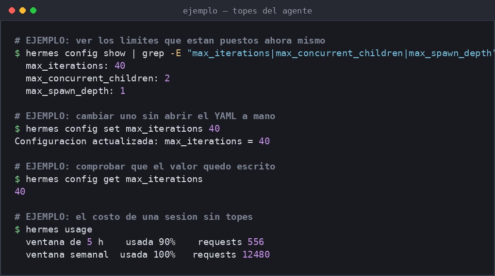 Captura de terminal ajustando max_iterations, max_concurrent_children y max_spawn_depth en el archivo de configuración, con una tabla de consumo de tokens de una sesión