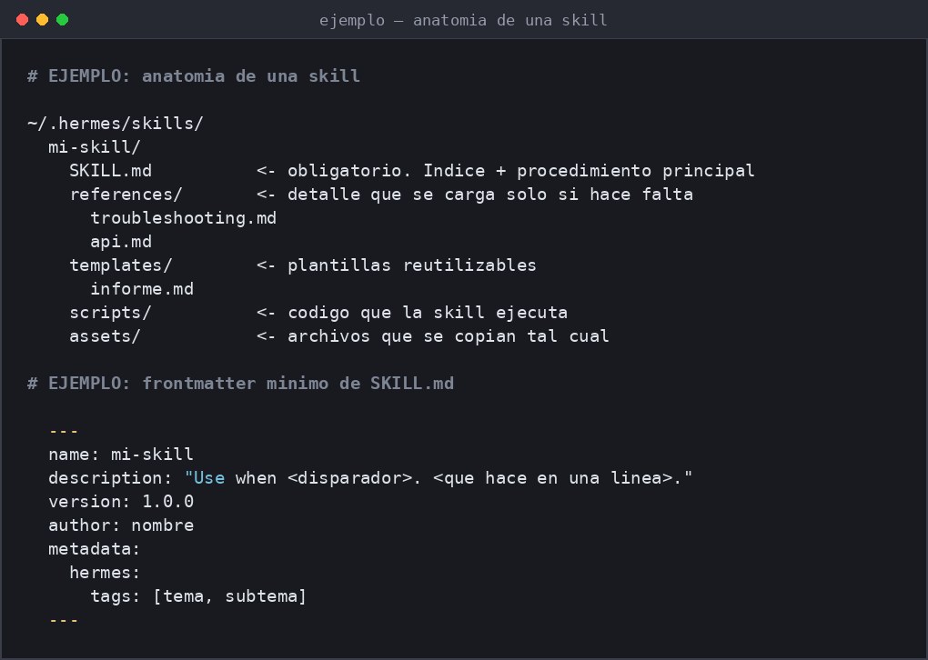 Captura de terminal con la anatomía de una carpeta de skill y el frontmatter mínimo de su archivo SKILL.md