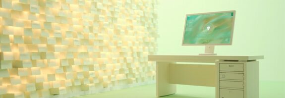 Render 3D editorial de un puesto de trabajo de operaciones de seguridad: un muro de tarjetas de alerta amber que representan la avalancha de reportes de vulnerabilidad entrantes, un monitor slim con un panel de control abstracto y un mueble tipo rack sin marcas sobre una mesa color crema con fondo verde menta claro, luz de estudio brillante, sin texto ni logotipos