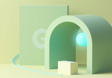 Render 3D abstracto de tunel VPN con esfera cyan pasando por arco sage green sobre fondo beige creamy